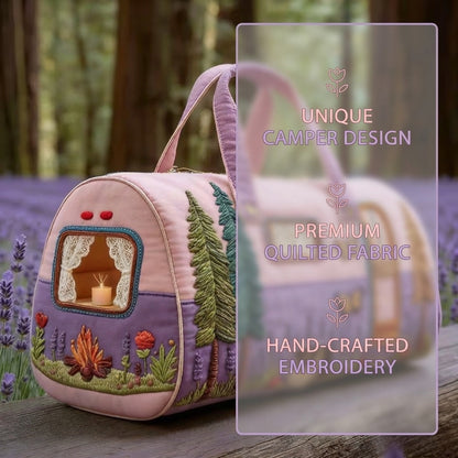 Camper Motif Quilted Travel Tote Bag with Zippered Top, Lavender Handles and 16 x 8 x 8-Inch Checkout Size