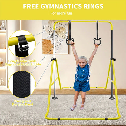 Height-Adjustable Kids Gymnastics Bar in Green or Yellow for Supervised Indoor or Outdoor Training