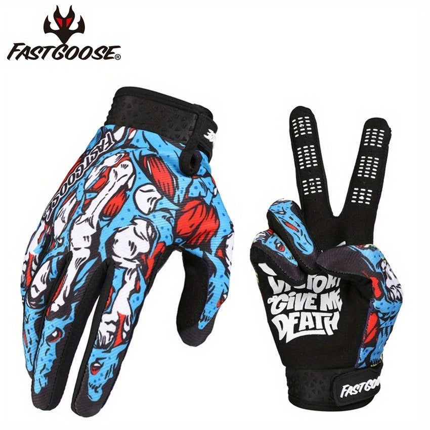 Printed Full-Finger Motocross Gloves with Black Palms, Wrist Closures, Blue or Yellow in M to XL