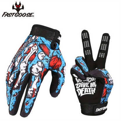 Printed Full-Finger Motocross Gloves with Black Palms, Wrist Closures, Blue or Yellow in M to XL