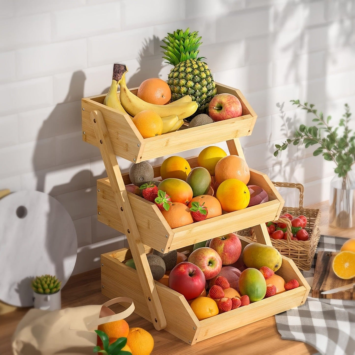 Slatted Countertop Produce Organizer in Two- or Three-Tier Checkout Options with Angled Open-Front Trays