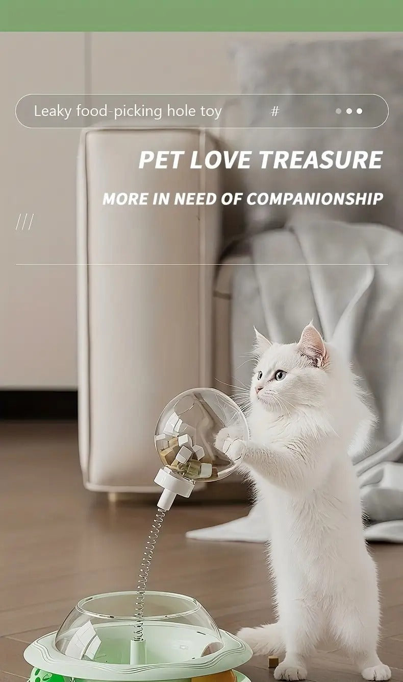 Cat Toy Spinning Food Wheel with Treat Openings, Paw-Powered Rotation and Optional Feather Attachment