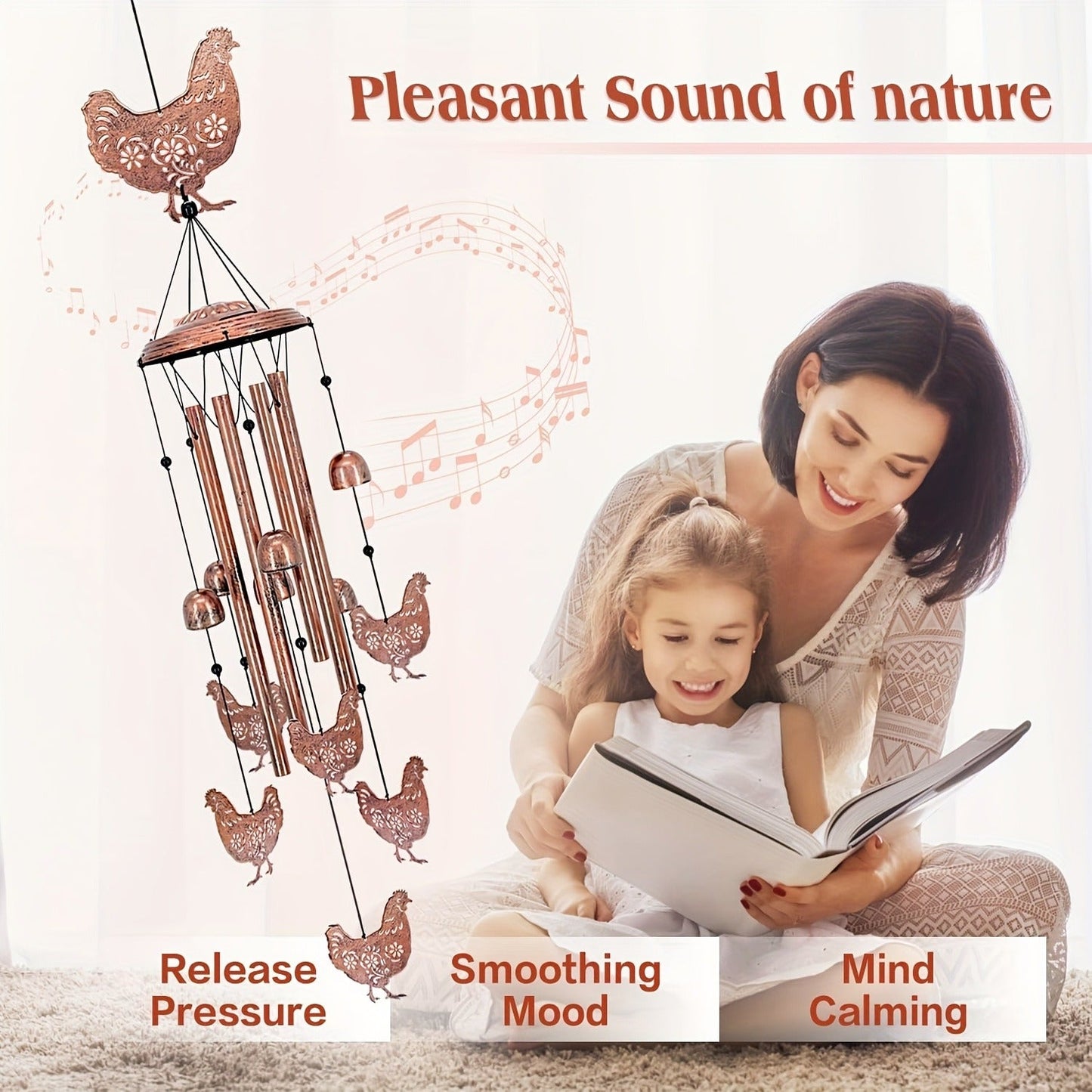 Chicken Wind Chime with Seven Pictured Chicken Shapes, Six Bells and Four Hanging Tubes for Porch or Garden Decor