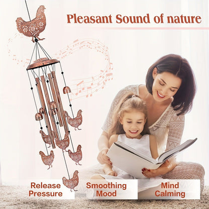 Chicken Wind Chime with Seven Pictured Chicken Shapes, Six Bells and Four Hanging Tubes for Porch or Garden Decor