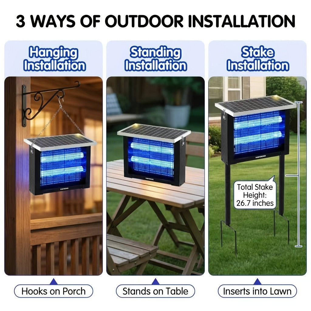 Rectangular Solar Bug Zapper with Blue Grid Light, Panel Top, Ground Stand and Hanging Chain in Black