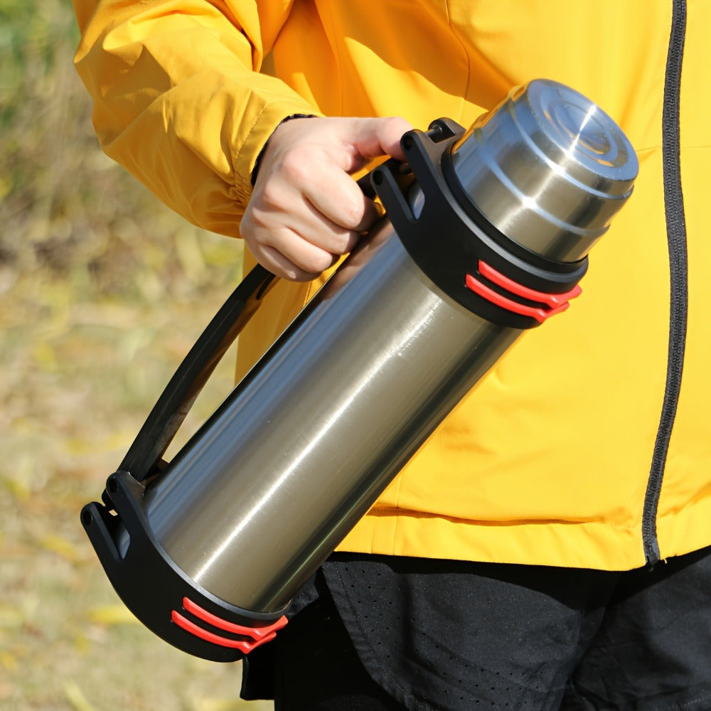 2000ml Stainless Steel Water Bottle Flask with Cup-Style Cap, Rigid Side Handle and Shoulder Strap