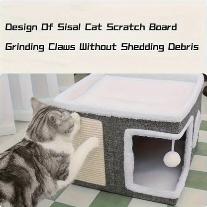 Foldable Gray Cat Condo with Top Platform, Scratch Panel, Openings and Four Cube-Style Options