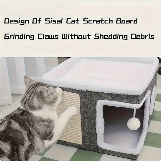 Multi-Tier Cat House & Indoor Cat Cube Bed - Foldable 2-Level Cat Tree with Scratching Post, Toy Tunnel & Plush Hanging Ball, Space-Saving Nylon Canvas Cat Furniture 16.5x16.5x13in for Small Spaces