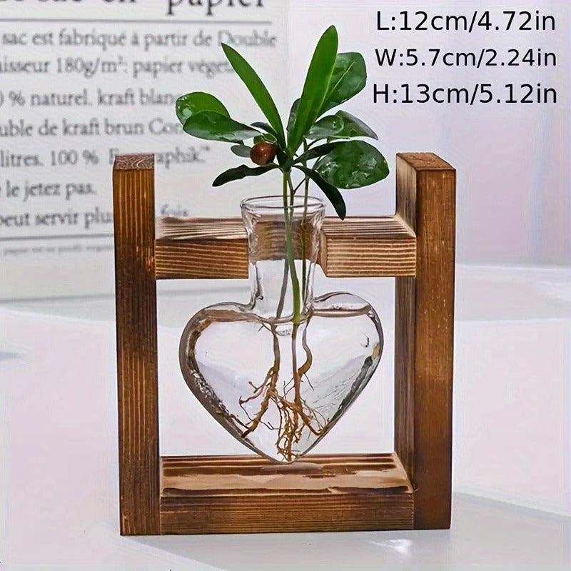 Heart-Bottle Propagation Vase with Wooden Frame in Single, Double or Triple Glass Vessel Options