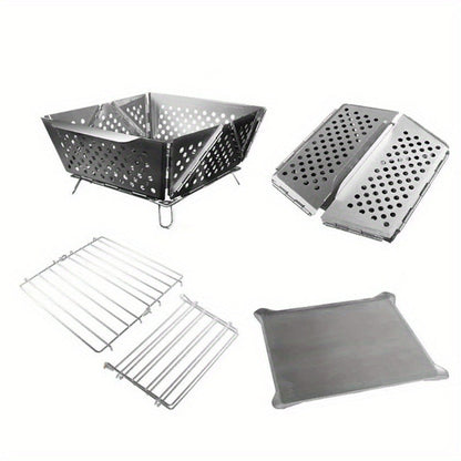 Wood Burning Camp Stove Portable Stainless Steel | Mini Folding Charcoal BBQ Grill | Lightweight Camping Wood Stove Burner | Outdoor Hiking Backpacking Accessory, 670g