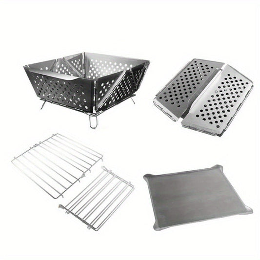 Wood Burning Camp Stove Portable Stainless Steel | Mini Folding Charcoal BBQ Grill | Lightweight Camping Wood Stove Burner | Outdoor Hiking Backpacking Accessory, 670g