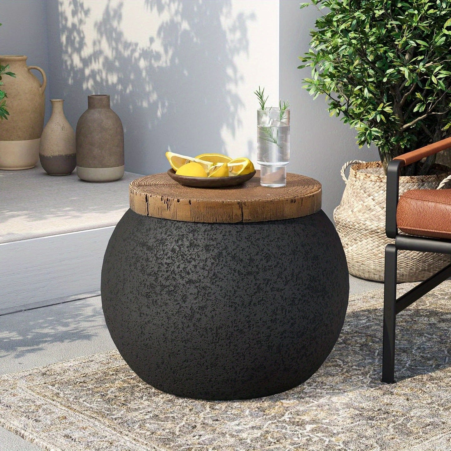 Outdoor Side Table 17-Inch Concrete Design with Wood-Look Finish in Black, Hourglass or Small Options