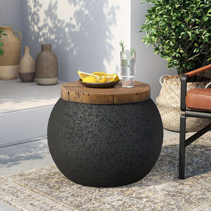 Outdoor Side Table 17-Inch Concrete Design with Wood-Look Finish in Black, Hourglass or Small Options
