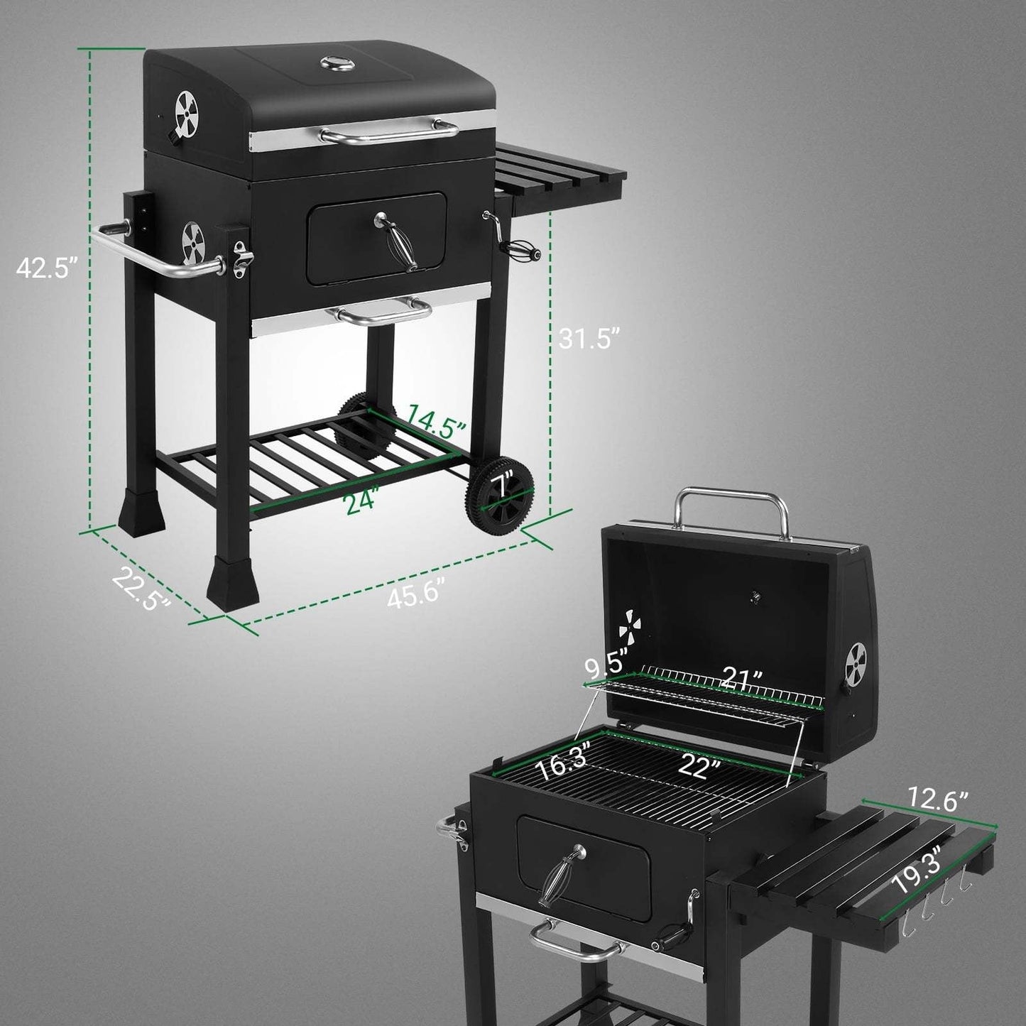 Large Charcoal Grill with Smoker, Height-Adjustable Charcoal Pan, Dual Air Dampers, Built-In Thermometer, Foldable Side Table & Wheels – Heavy-Duty Outdoor BBQ Grill for Patio & Backyard