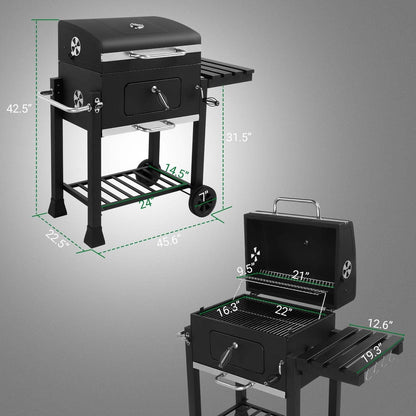 Large Charcoal Grill with Smoker, Height-Adjustable Charcoal Pan, Dual Air Dampers, Built-In Thermometer, Foldable Side Table & Wheels – Heavy-Duty Outdoor BBQ Grill for Patio & Backyard
