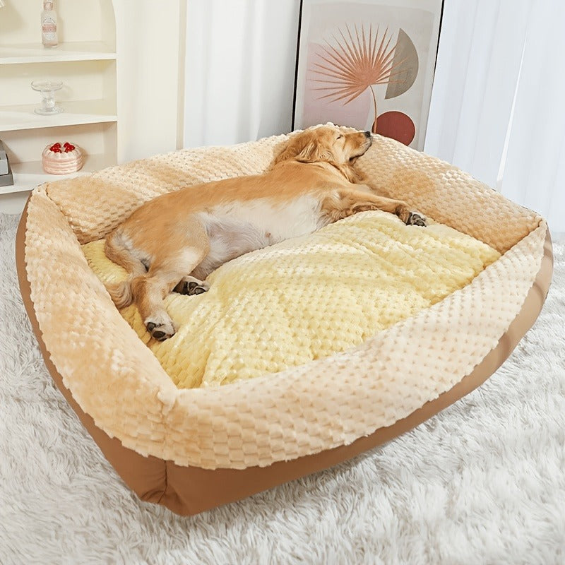 Blue-Gray Dog Bed Couch with Raised Back and Side Bolsters in Four Sizes, Plus One Random Cat Teaser