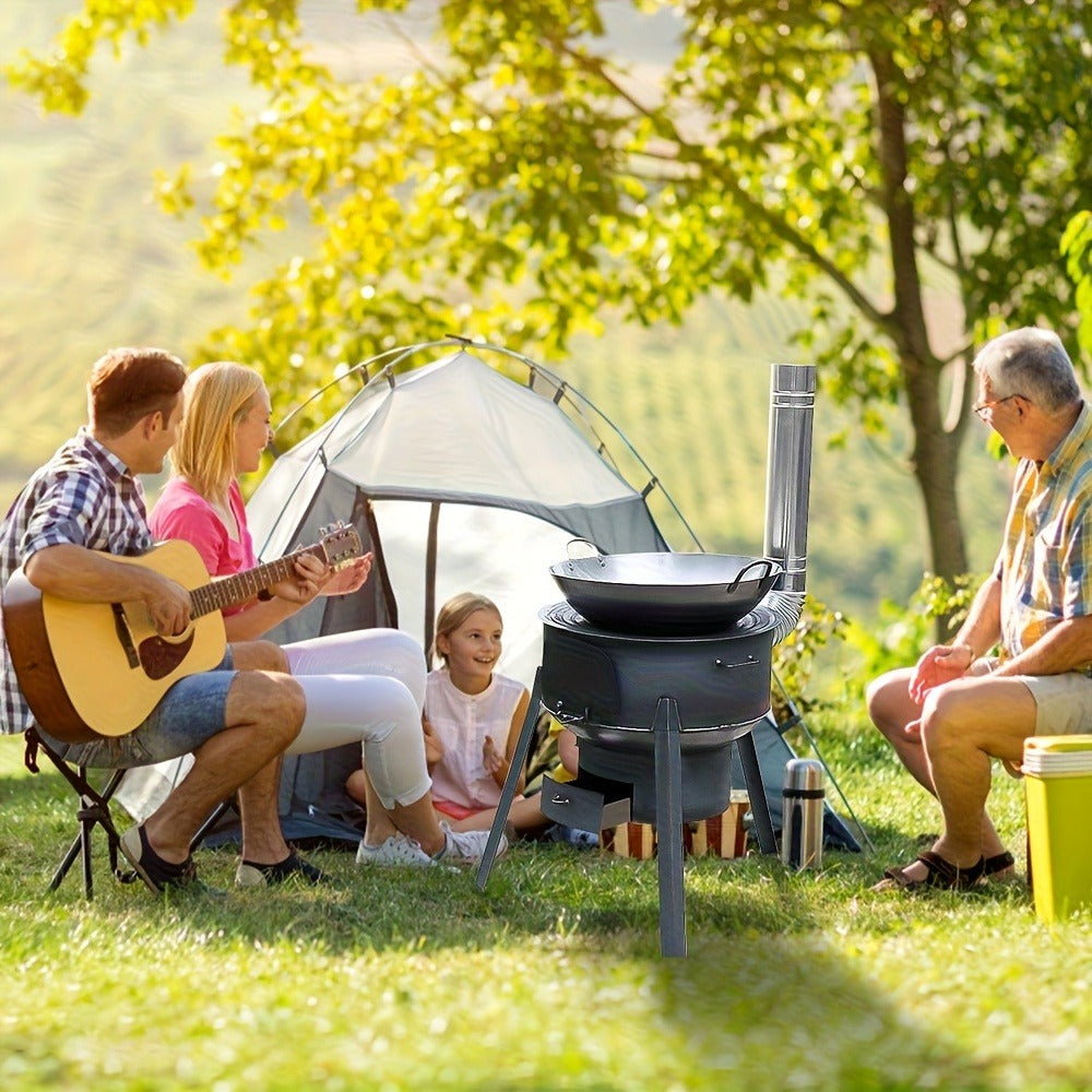 Outdoor Wood Stove with Chimney & Tripod, Heavy-Duty Metal Camping Stove for Backyard, Terrace & Campsite – Circular Design, Large Pot Compatible, 2 Sizes