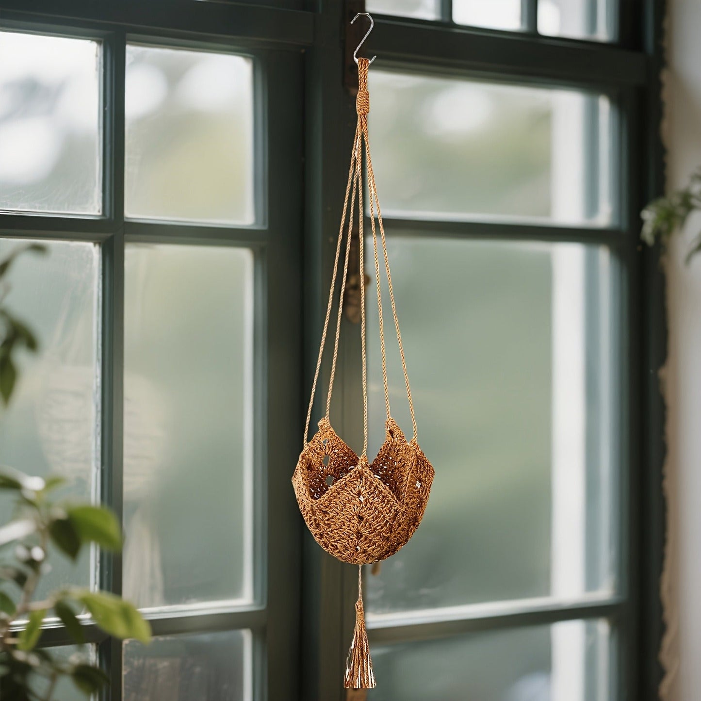 Macrame Plant Hanger with Tassels, Bohemian Cotton Rope Crochet Wall Basket, Indoor Outdoor Hanging Planter with Hooks, Boho Home Decor