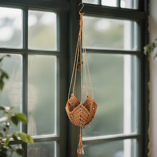 Macrame Plant Hanger with Tassels, Bohemian Cotton Rope Crochet Wall Basket, Indoor Outdoor Hanging Planter with Hooks, Boho Home Decor