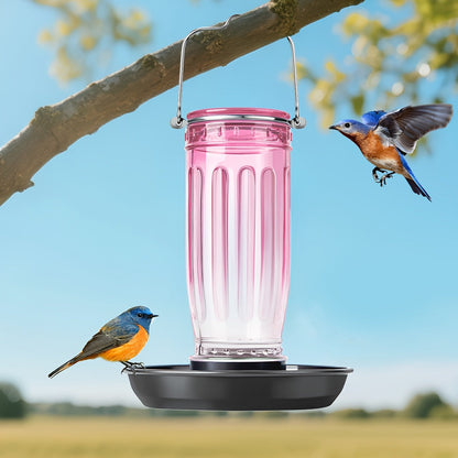 Bird Waterer Outdoor Hanging Glass Wild Bird Water Dispenser with Metal Handle - Gravity Fed Garden Yard Patio Tree Bird Feeder for Cardinals Blue Jays Finches Sparrows Bird Lover Gift