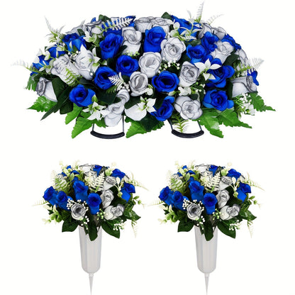 Artificial Cemetery Flowers for Grave with Saddle, Silk Rose Bouquet Headstone Decoration, Memorial Day Grave Flowers