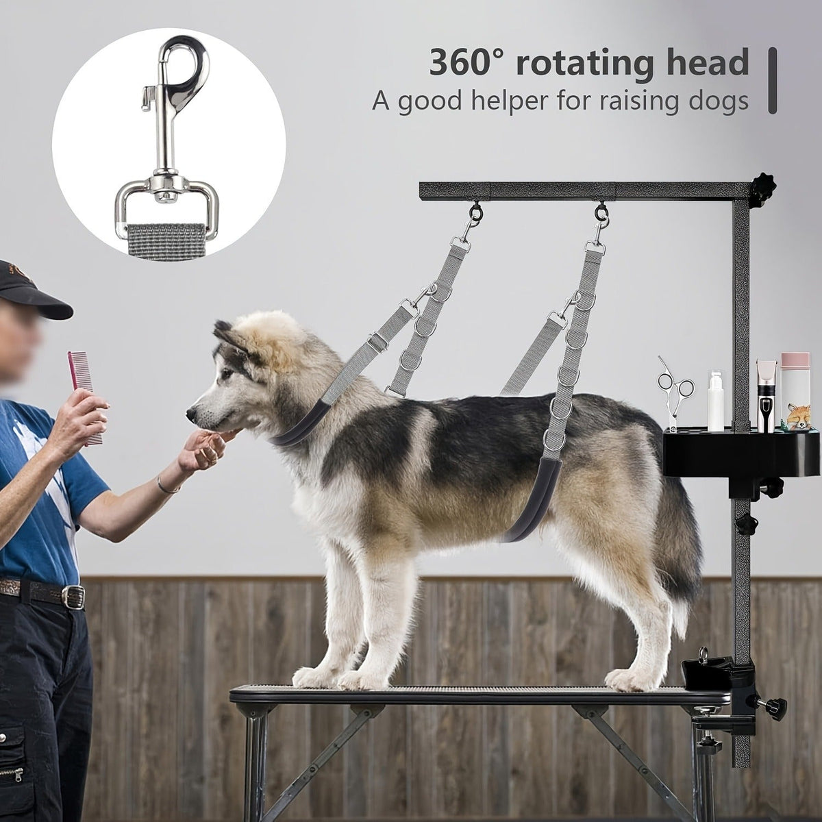 Dog Grooming Restraint Strap Set with Three Adjustable Grey Loops and Rotating Clips for Supported Use