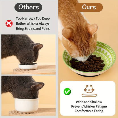 Ceramic Cat Bowls Set of 6 – Shallow Wide Cat Food Plate Whisker Friendly with Non-Slip Mat, Fairy Tales Colorful Design, 5.75" Microwave & Dishwasher Safe Cat Dish 8.5oz