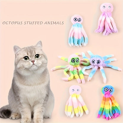 Cat Toy Octopus Plush 5-Pack in Random Colors with Long Tentacles and Teaser-Wand Hanging Loops