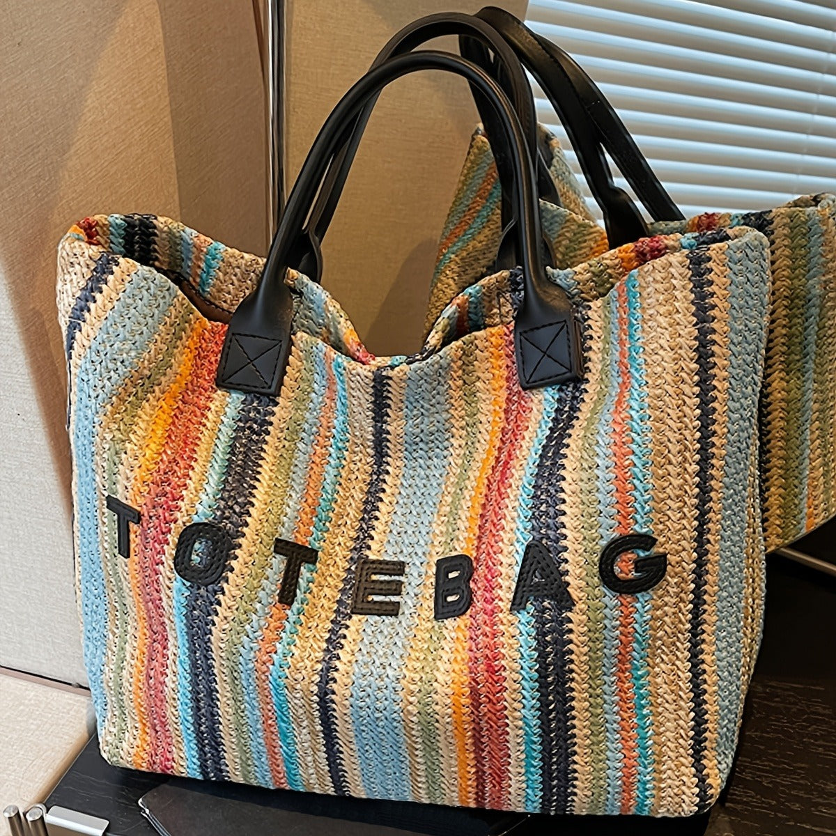Striped Woven Tote Bag with Letter Detail, Open Top and Black, Green or Brown Handle Options