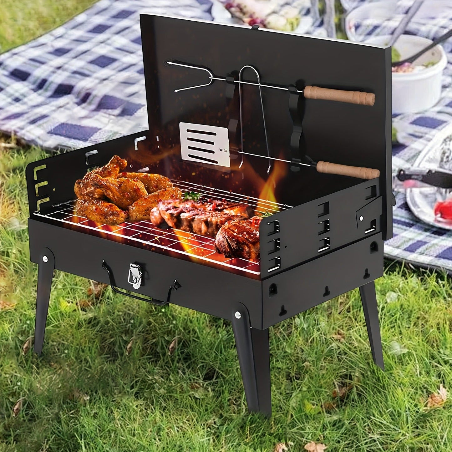 Portable Folding Charcoal Grill with Hood, Raised Grate, Side Vents and Compact Black Steel Body
