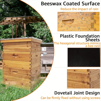 Three-Layer Langstroth-Style Beehive Box Kit with Two Deep Boxes, One Medium Box and Metal-Topped Cover