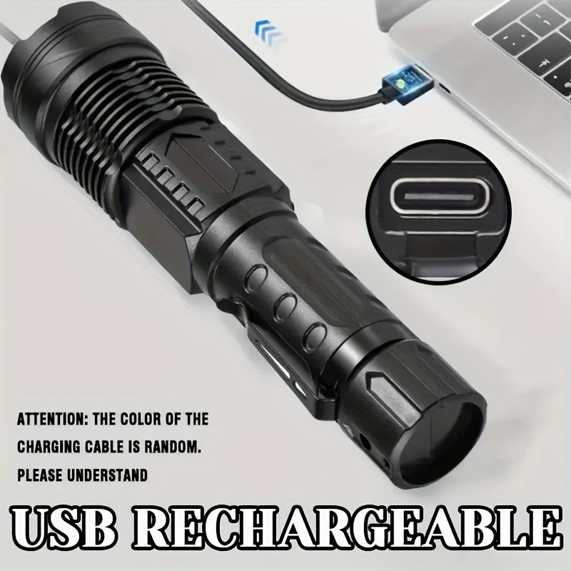 Flashlight Fresnel Lens Rechargeable Torch with 26650 Battery, USB-C Charging and Warning Tail Light