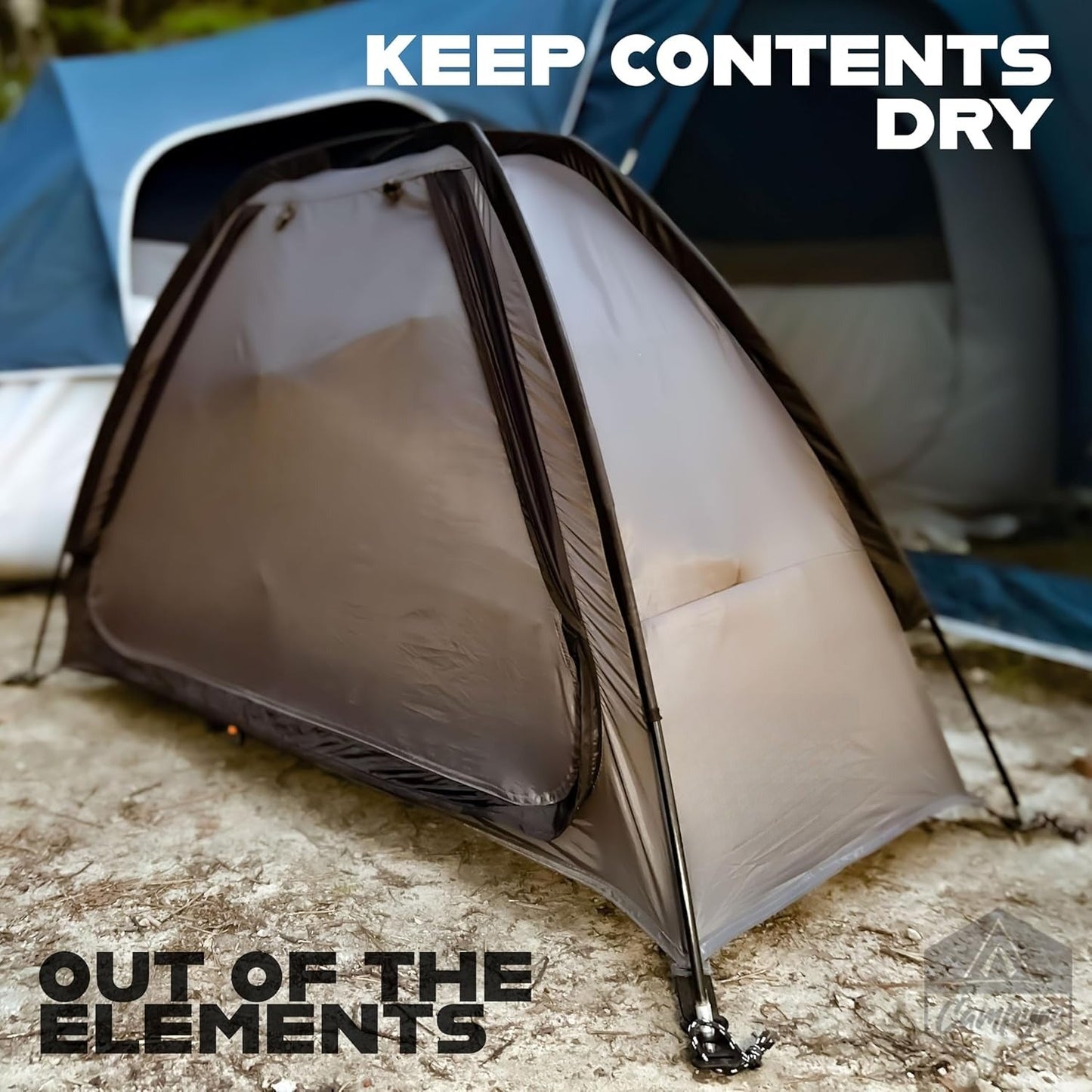 Curved-Top Nine-Shelf Camping Organizer in Brown or Gray with Zippered Front Flap and Folded Carry Form