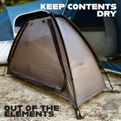 Curved-Top Nine-Shelf Camping Organizer in Brown or Gray with Zippered Front Flap and Folded Carry Form