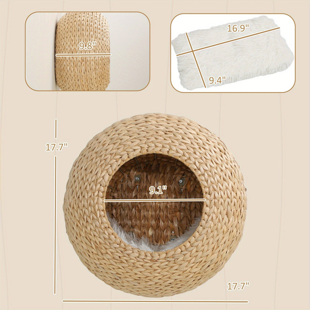 Natural-Tone Round Woven Cat Wall Condo with Removable Cushion, Mounting Hardware and 17.7-Inch Pod Diameter