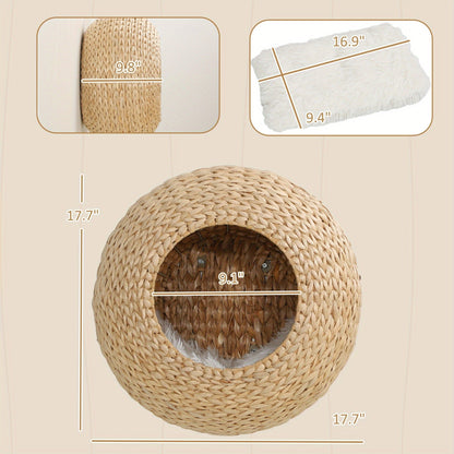 Natural-Tone Round Woven Cat Wall Condo with Removable Cushion, Mounting Hardware and 17.7-Inch Pod Diameter