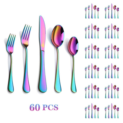 60-Piece Rainbow Flatware Set with Five Utensil Forms in Twelve-Piece Rows for Complete Table Settings