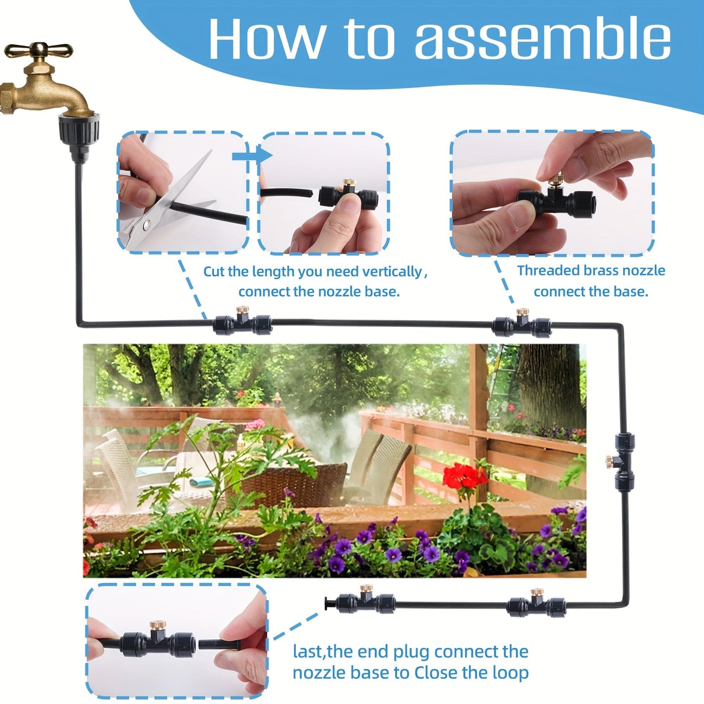 Expandable Garden Hose with Brass Mist Nozzles – Flexible Outdoor Misting Cooling System for Patio, Lawn & Greenhouse (20FT / 50FT / 80FT)
