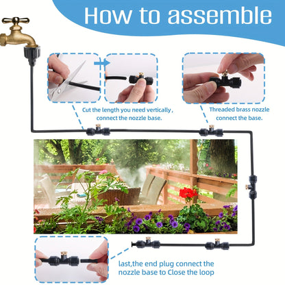 Expandable Garden Hose with Brass Mist Nozzles – Flexible Outdoor Misting Cooling System for Patio, Lawn & Greenhouse (20FT / 50FT / 80FT)