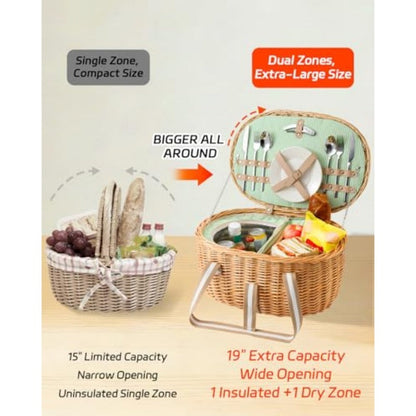Insulated Wicker Picnic Hamper Set for Two with Cutlery, Ceramic Plates, Glasses and Cheese Board