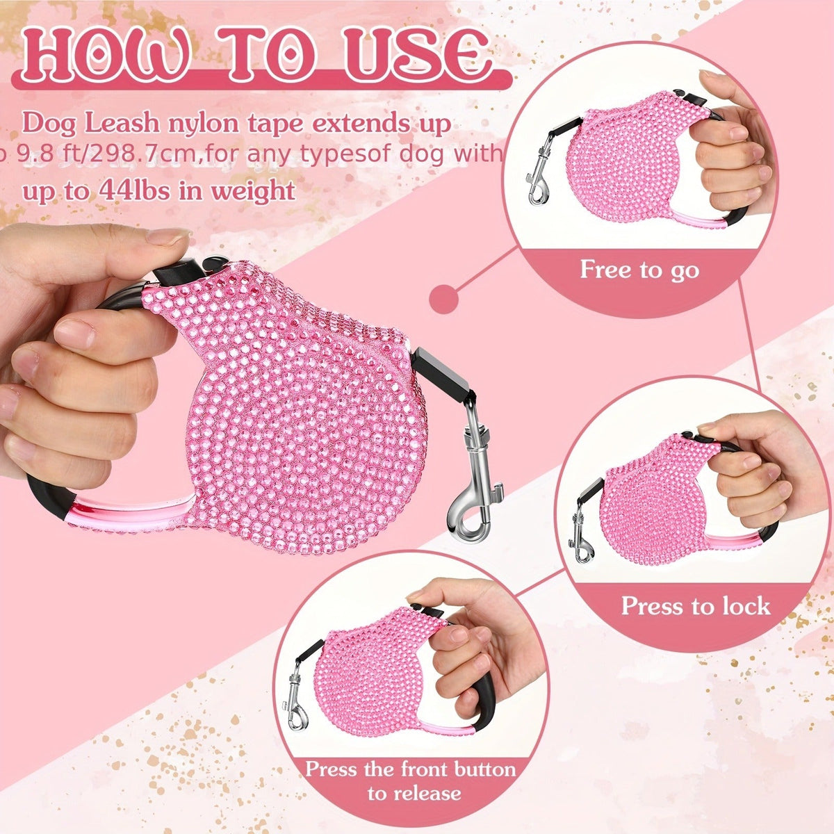 Pink Rhinestone Retractable Dog Leash with Bone-Shaped Waste Bag Dispenser, Metal Clip and One Roll