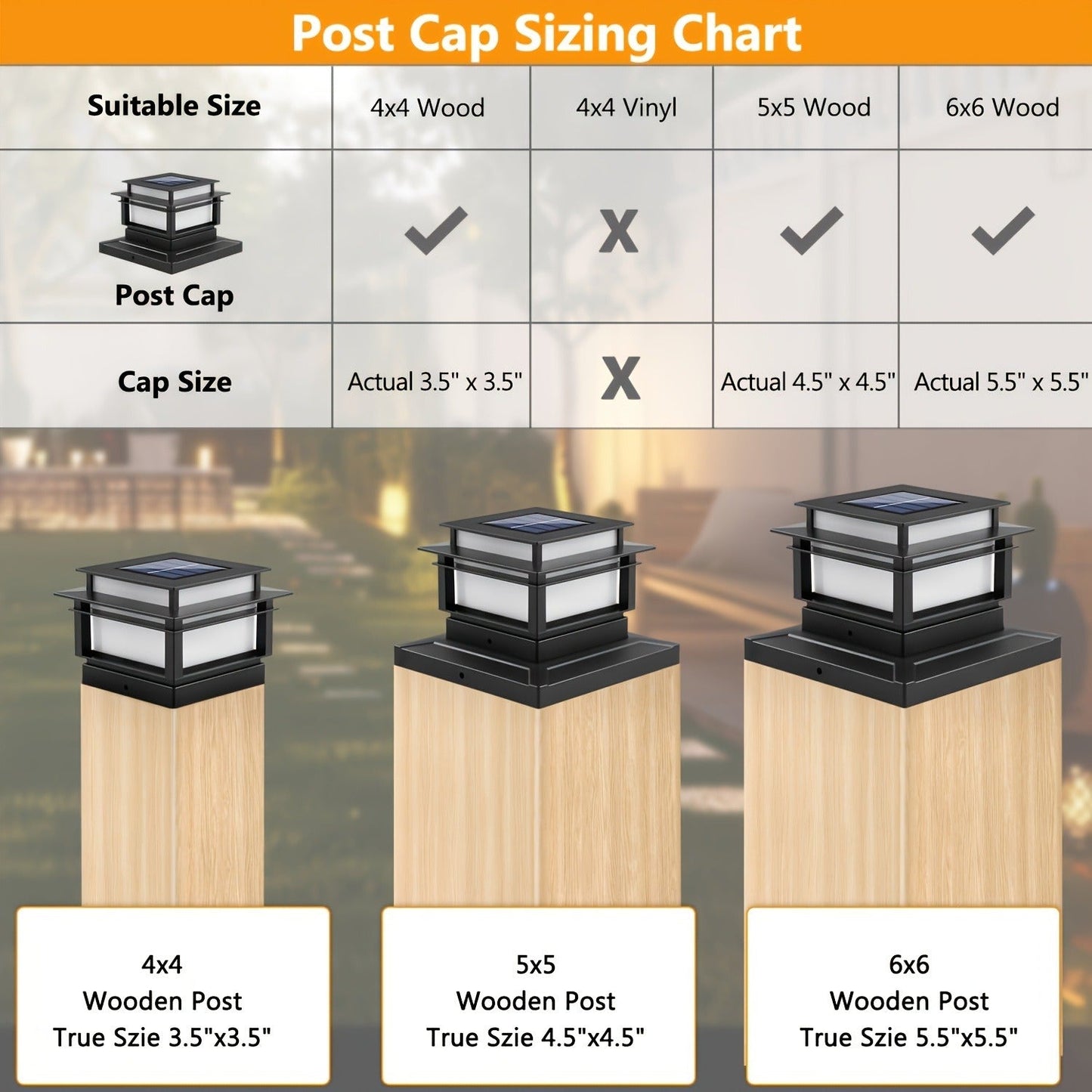 Six-Pack Solar Fence Post Cap Light Set for 4 x 4, 5 x 5 or 6 x 6 Posts with Amber Illumination
