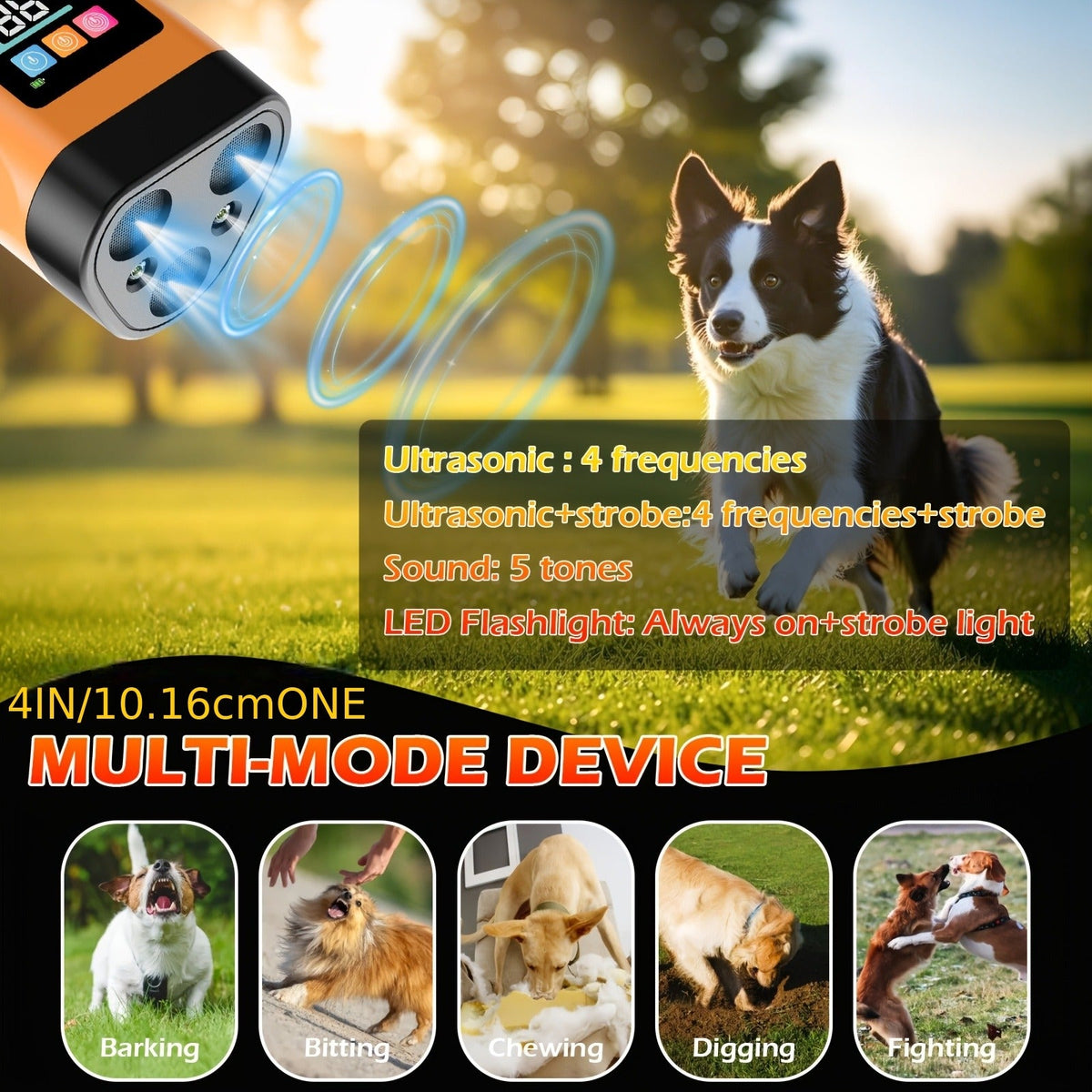 Orange Rechargeable Triple-Emitter Ultrasonic Dog Training Aid with Display, Light and Wrist Strap
