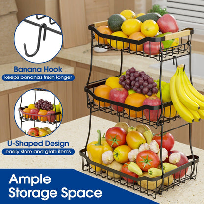 Fruit Basket with Banana Hook, 2 & 3 Tier Metal Stand, Removable Tiers, Wooden Handle, Kitchen Countertop Organizer for Fruits, Vegetables & Bread