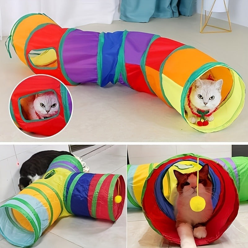 Cat Toy Rainbow Tunnel in S-Shaped or Three-Way Layouts with Peek Holes, Ball and One or Two-Pack Options