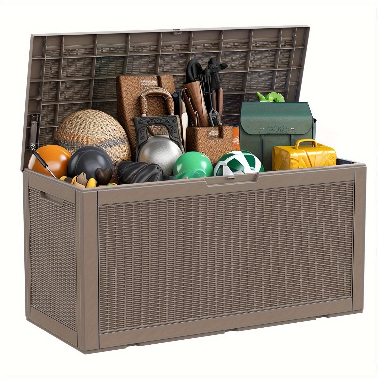 Large Gray Rattan-Look Outdoor Storage Box with 110-Gallon Pictured Capacity, Handles and Hinged Lid