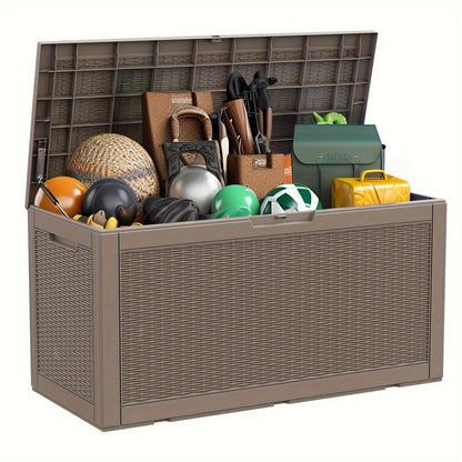 Large Gray Rattan-Look Outdoor Storage Box with 110-Gallon Pictured Capacity, Handles and Hinged Lid