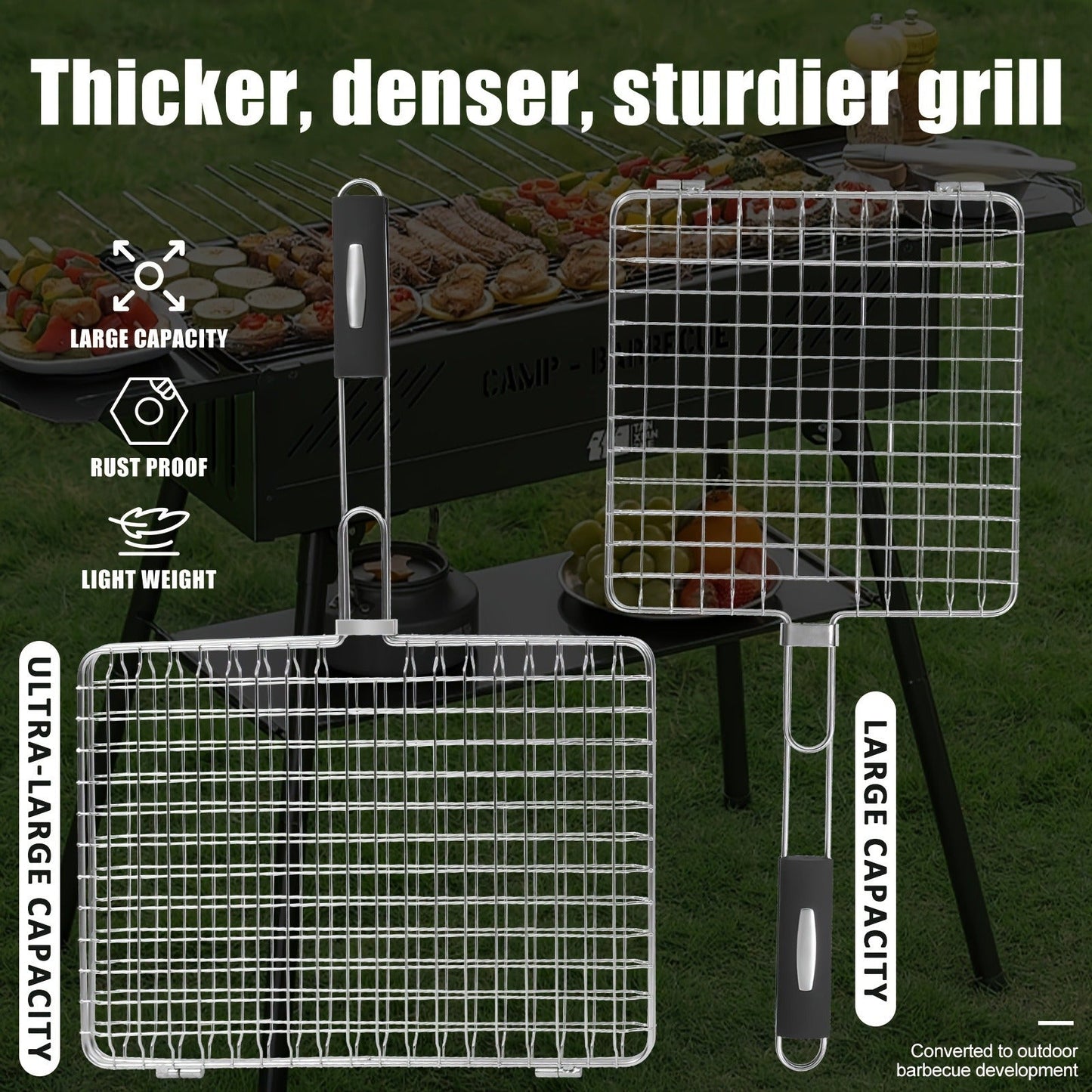 Grill Basket Stainless Steel Folding BBQ Grilling Basket for Fish Chicken Vegetables Shrimp Portable Outdoor Camping Barbecue Accessory 3 Sizes
