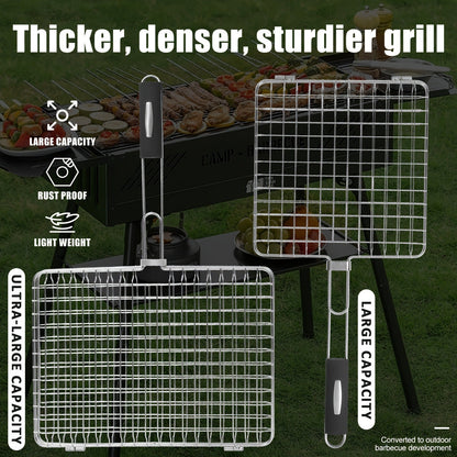 Grill Basket Stainless Steel Folding BBQ Grilling Basket for Fish Chicken Vegetables Shrimp Portable Outdoor Camping Barbecue Accessory 3 Sizes