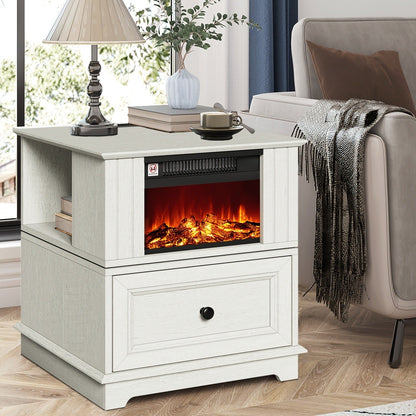 Electric Fireplace End Table Rotating 13-Inch Screen Side Table with Fast Charging Station Storage Shelf for Living Room Bedroom